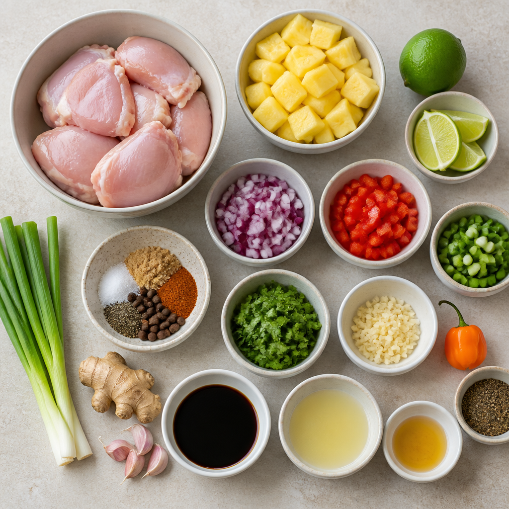 Overhead flat-lay of all ingredients for Grilled Jerk Chicken with Pineapple Salsa and Fresh Lime laid out on a kitchen surface.