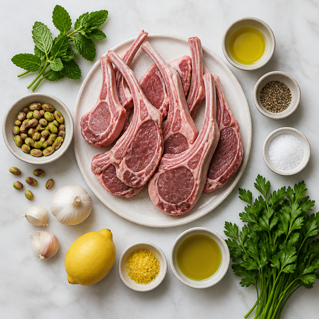 Overhead flat-lay of all ingredients for Grilled Lamb Chops With Mint Pistachio Gremolata laid out on a kitchen surface.