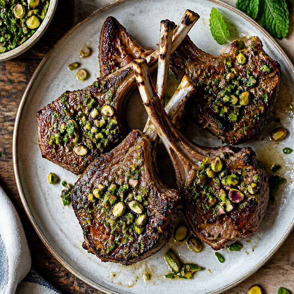 Grilled Lamb Chops With Mint Pistachio Gremolata — Mediterranean Dinner served and photographed from above