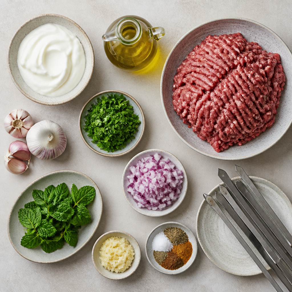 Overhead flat-lay of all ingredients for Grilled Lamb Kofta With Garlic Labneh laid out on a kitchen surface.