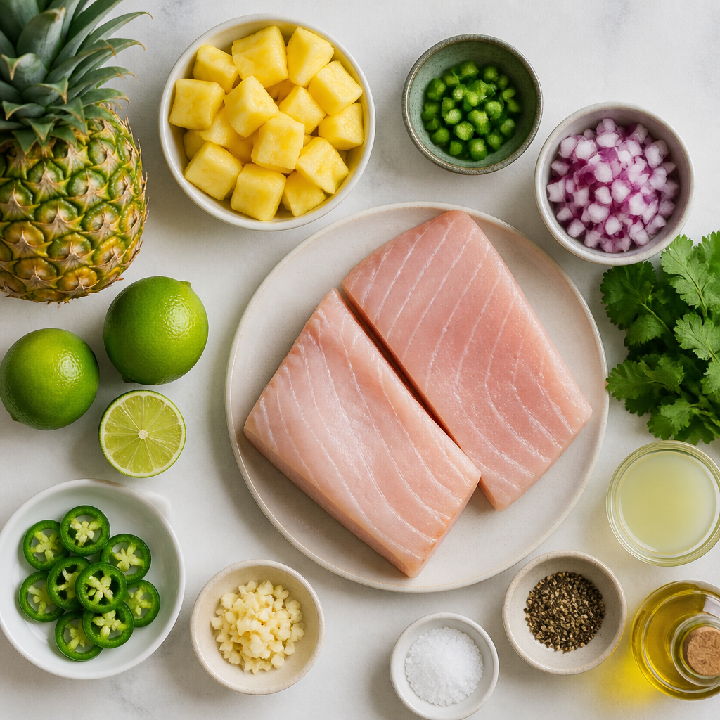 Overhead flat-lay of all ingredients for Grilled Mahi Mahi With Pineapple Jalapeno Salsa laid out on a kitchen surface.