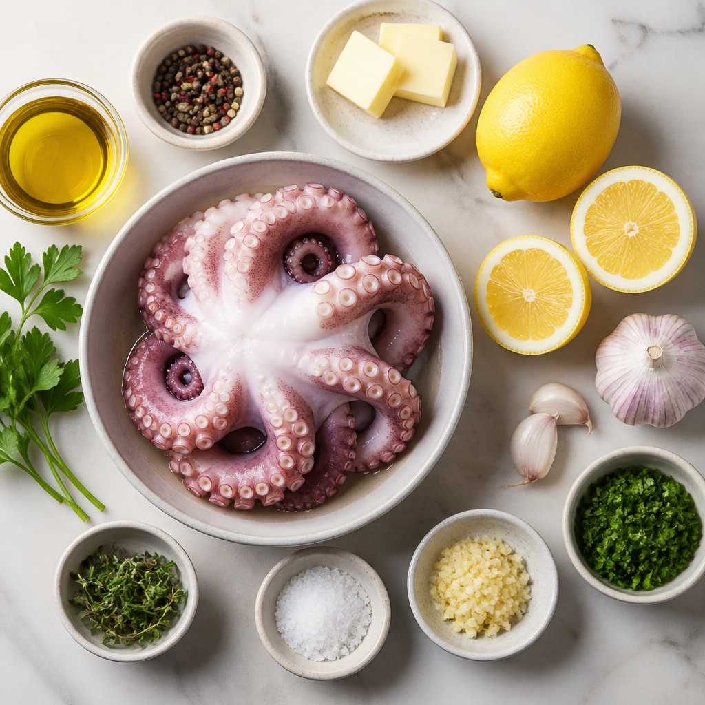 Overhead flat-lay of all ingredients for Grilled Octopus With Lemon Garlic Butter laid out on a kitchen surface.