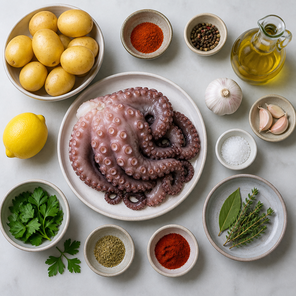 Overhead flat-lay of all ingredients for Grilled Octopus With Smoked Paprika Potatoes laid out on a kitchen surface.