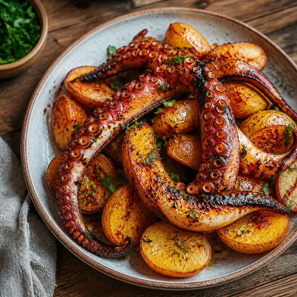 Grilled Octopus With Smoked Paprika Potatoes — Mediterranean Dinner served and photographed from above