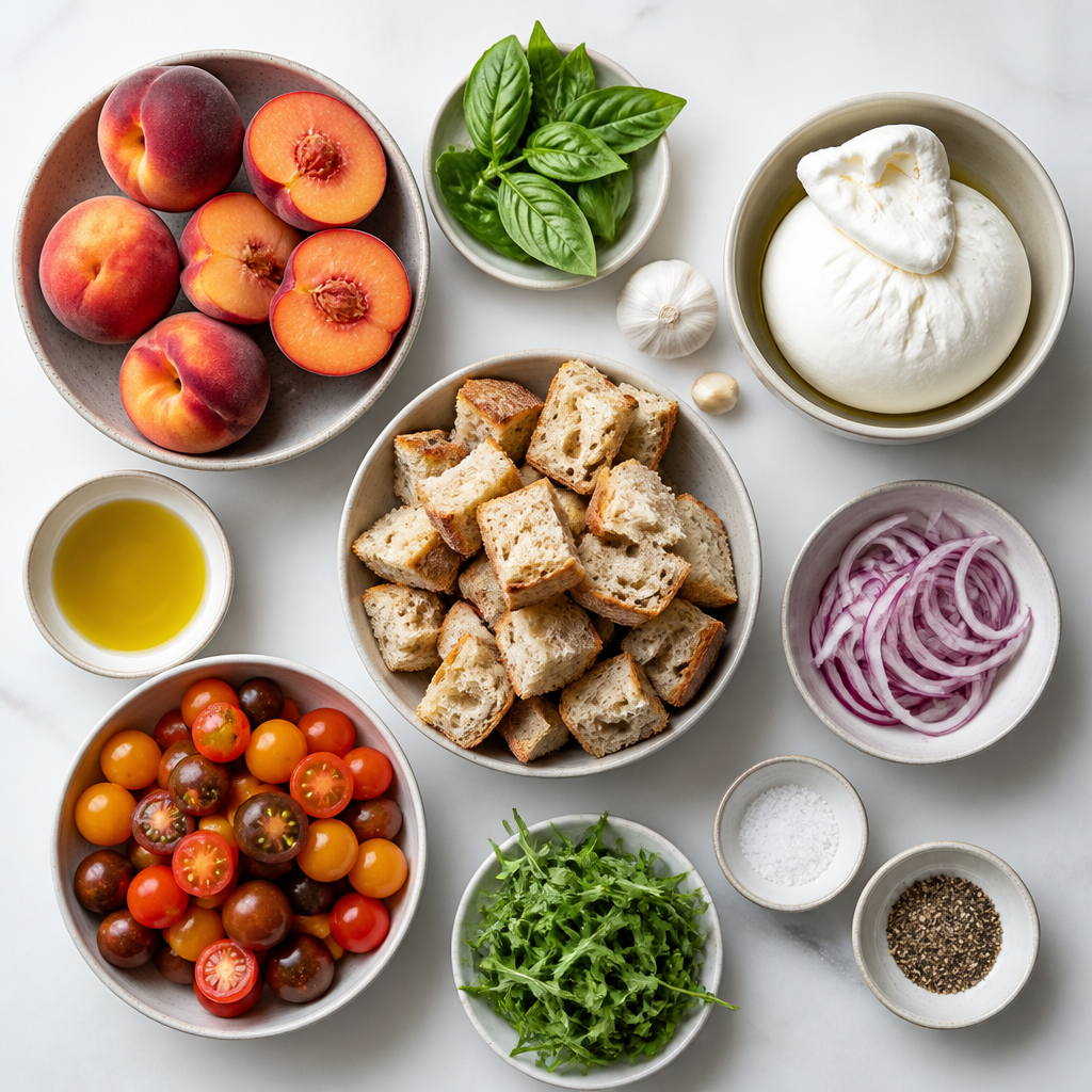 Overhead flat-lay of all ingredients for Grilled Peach and Burrata Panzanella laid out on a kitchen surface.
