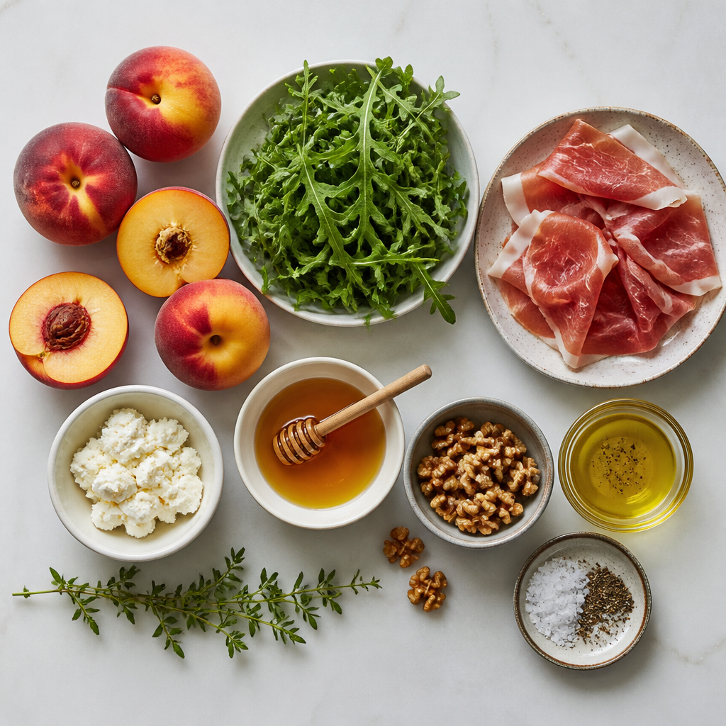 Overhead flat-lay of all ingredients for Grilled Peach and Prosciutto Salad with Honey laid out on a kitchen surface.