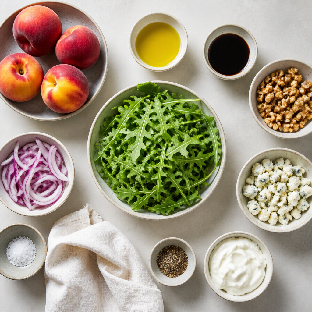 Overhead flat-lay of all ingredients for Grilled Peach Salad With Creamy Gorgonzola laid out on a kitchen surface.
