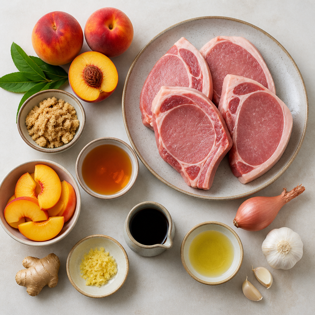 Overhead flat-lay of all ingredients for Grilled Pork Chops With Peach Bourbon Glaze laid out on a kitchen surface.