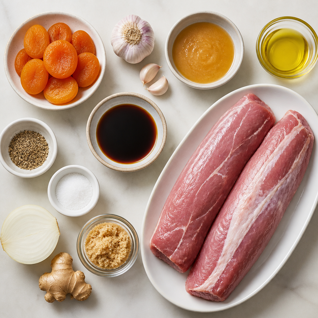 Overhead flat-lay of all ingredients for Grilled Pork Tenderloin With Apricot Glaze laid out on a kitchen surface.