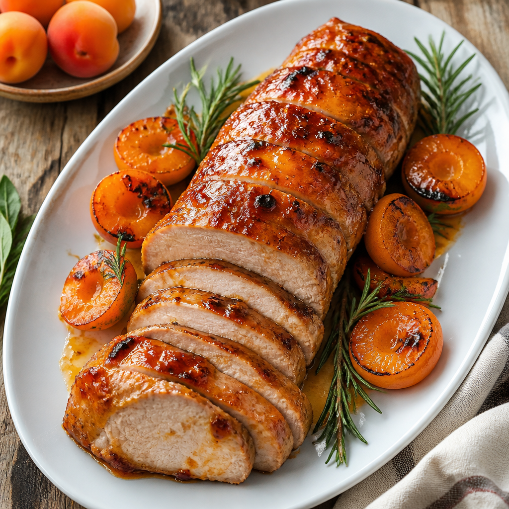 Grilled Pork Tenderloin With Apricot Glaze — American Dinner served and photographed from above
