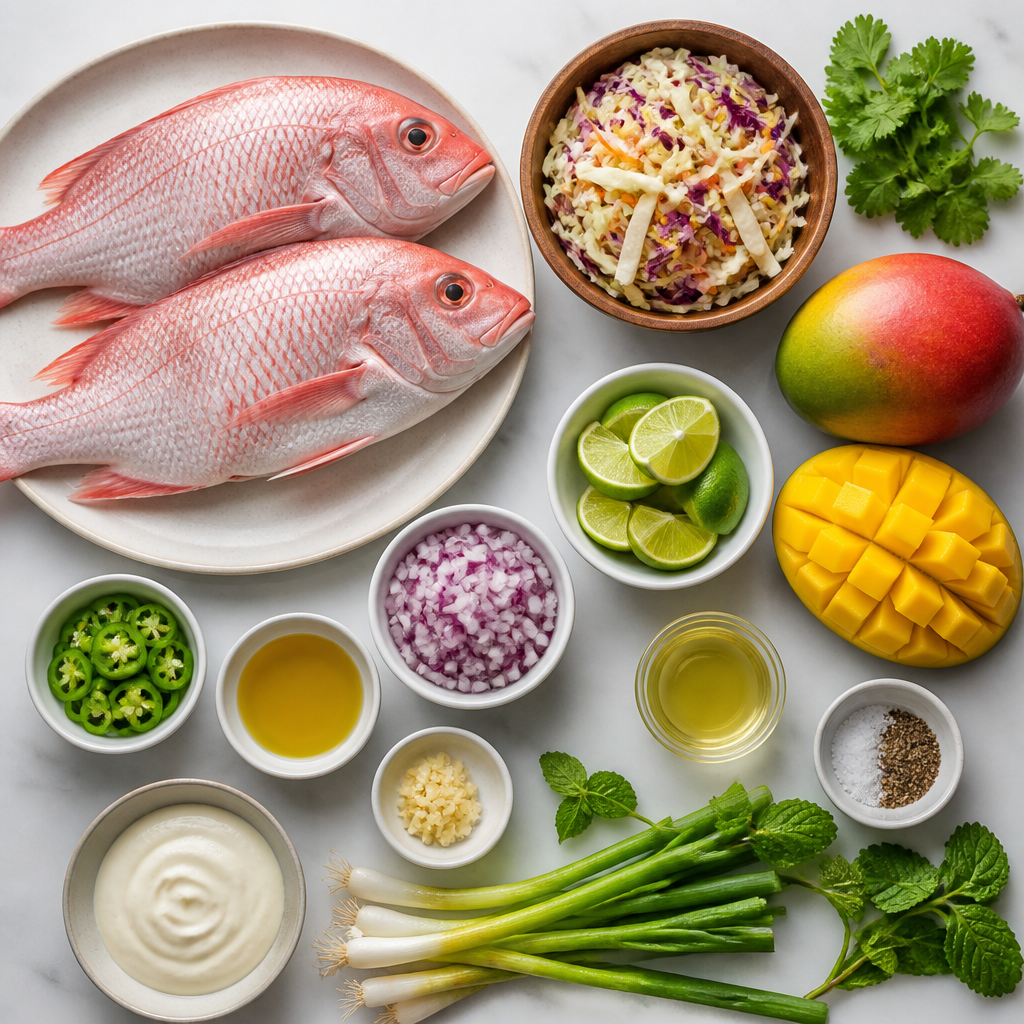 Overhead flat-lay of all ingredients for Grilled Red Snapper With Mango Slaw laid out on a kitchen surface.