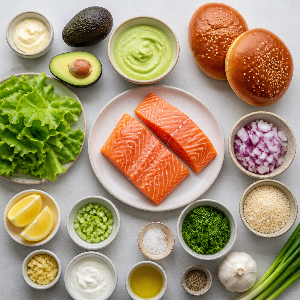 Overhead flat-lay of all ingredients for Grilled Salmon Burgers With Avocado Crema laid out on a kitchen surface.
