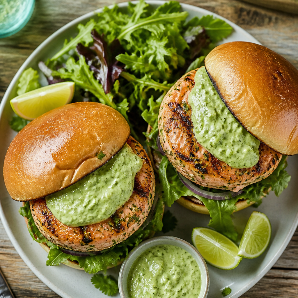 Grilled Salmon Burgers With Avocado Crema