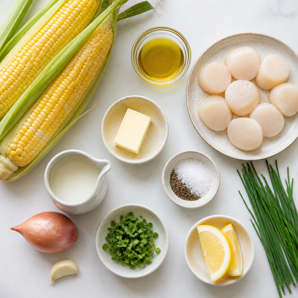 Overhead flat-lay of all ingredients for Grilled Scallops With Sweet Corn Puree laid out on a kitchen surface.