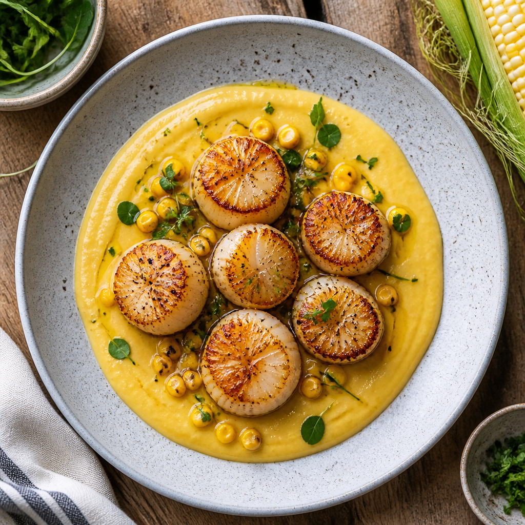 Grilled Scallops With Sweet Corn Puree — American Dinner served and photographed from above