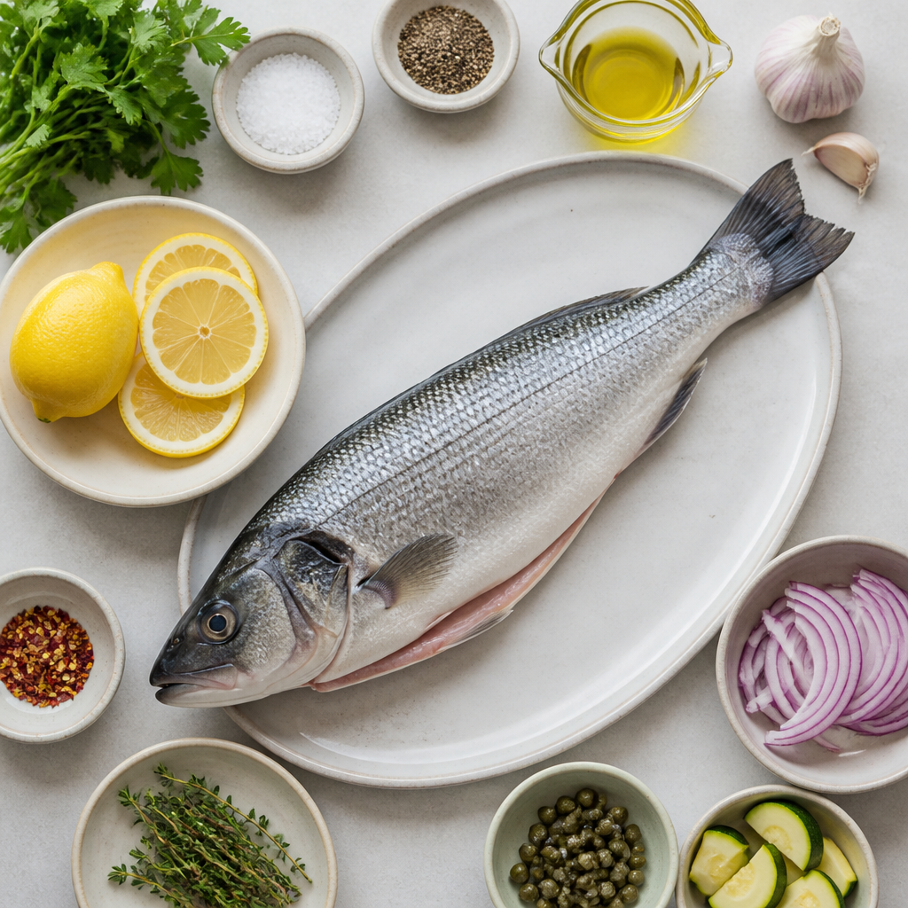 Overhead flat-lay of all ingredients for Grilled Sea Bass With Charred Lemon laid out on a kitchen surface.