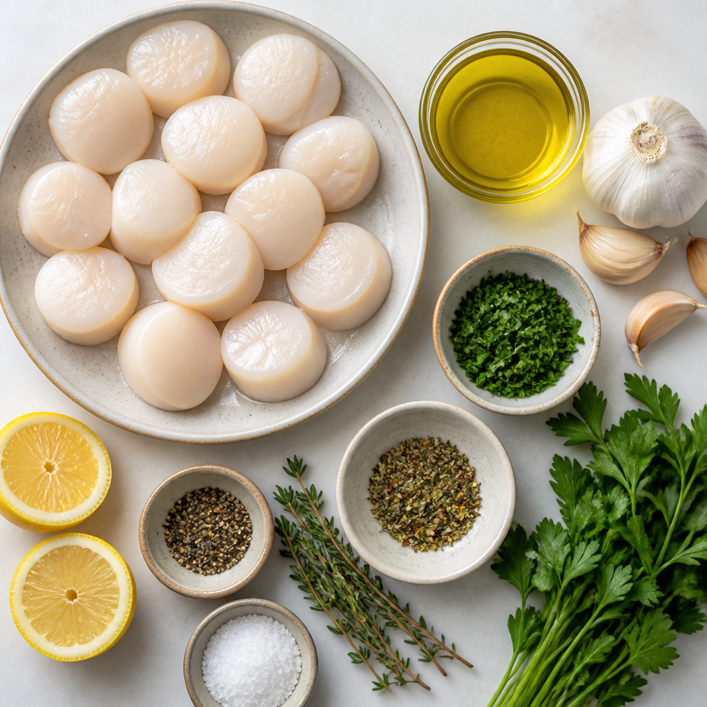 Overhead flat-lay of all ingredients for Grilled Sea Scallops With Garlic Herb Oil laid out on a kitchen surface.