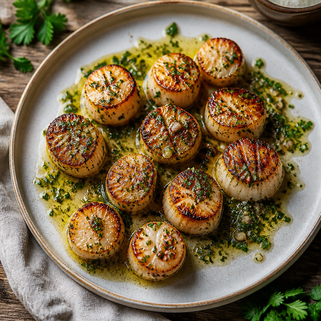 Grilled Sea Scallops With Garlic Herb Oil — American Dinner served and photographed from above