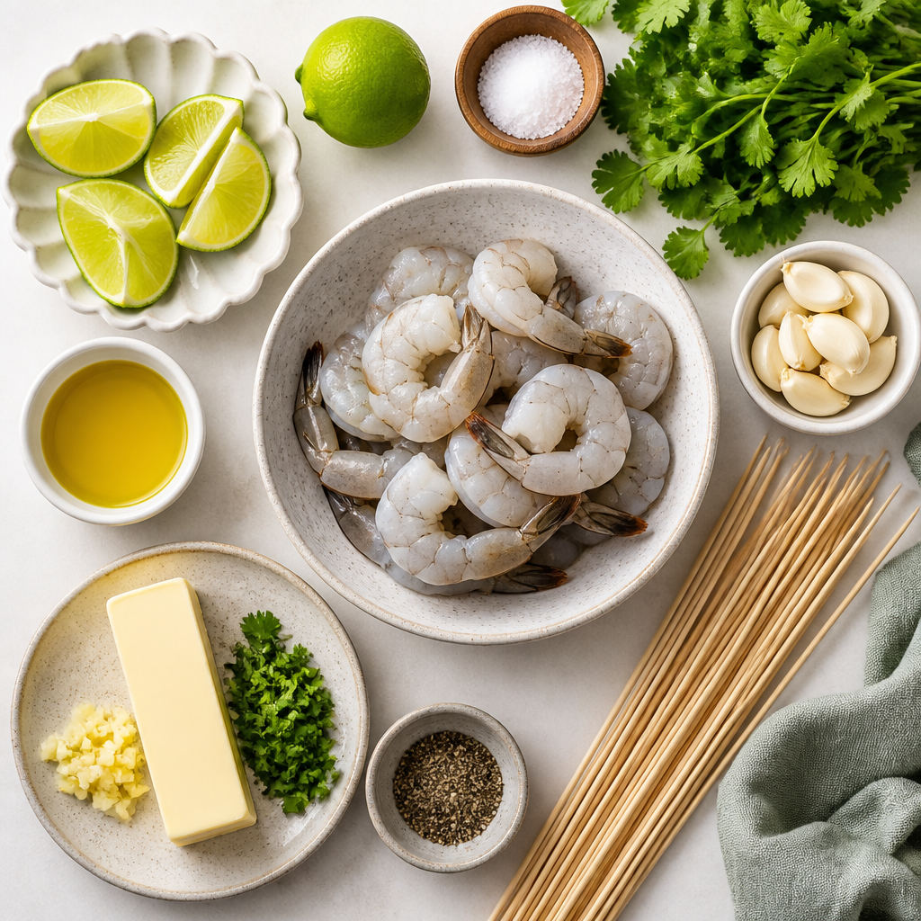 Overhead flat-lay of all ingredients for Grilled Shrimp Skewers With Cilantro Lime Butter laid out on a kitchen surface.