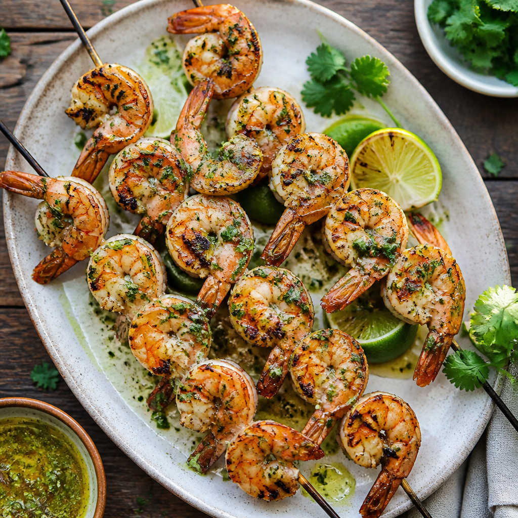 Grilled Shrimp Skewers With Cilantro Lime Butter — American Dinner served and photographed from above