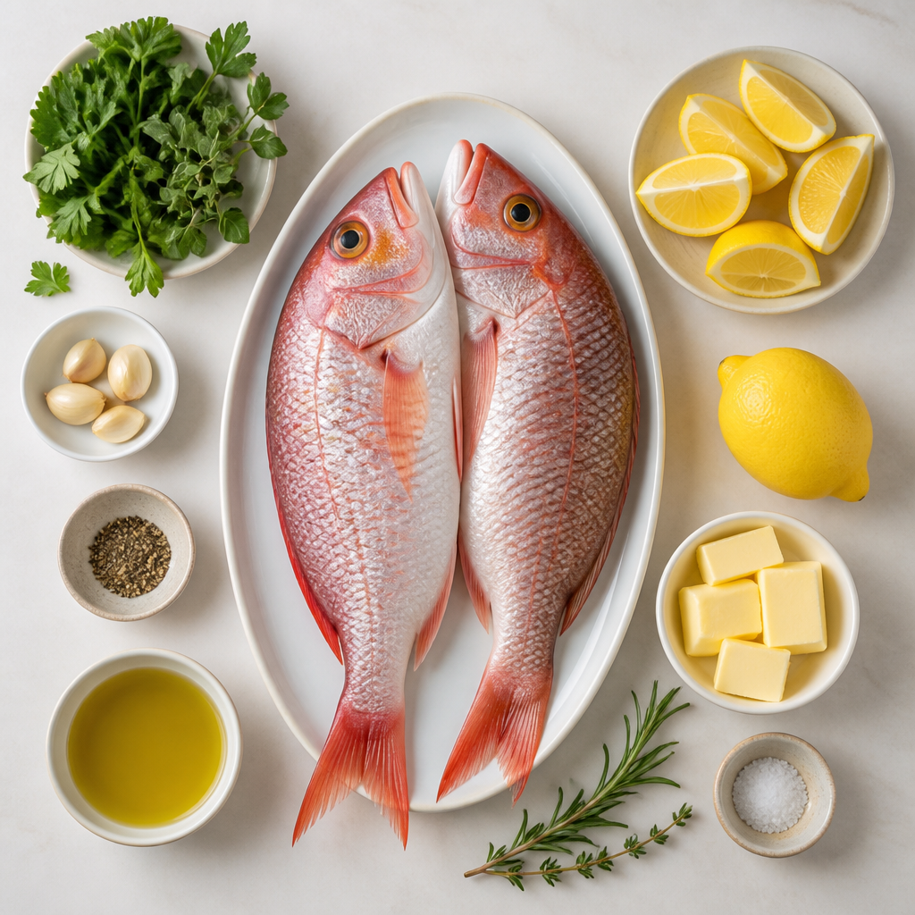 Overhead flat-lay of all ingredients for Grilled Snapper With Lemon Herb Butter laid out on a kitchen surface.