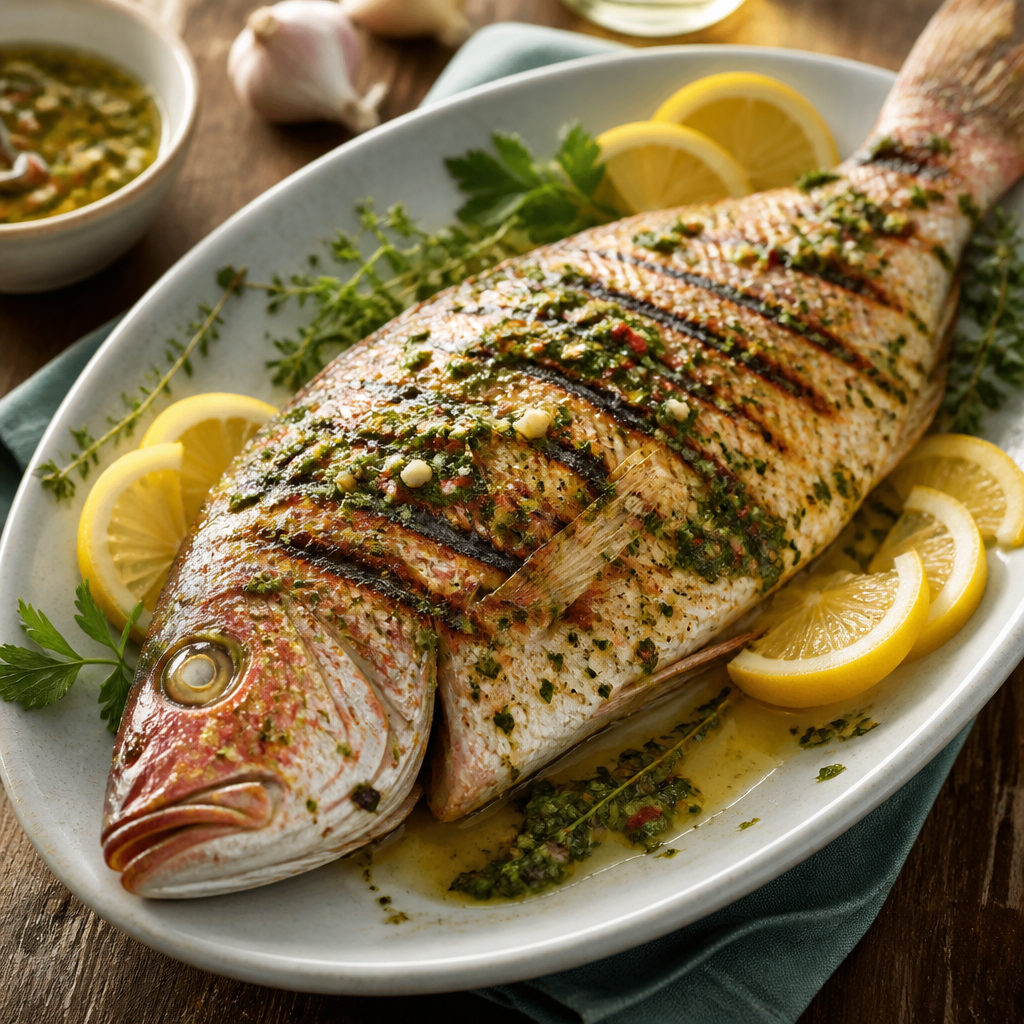 Grilled Snapper With Lemon Herb Butter — American Dinner served and photographed from above