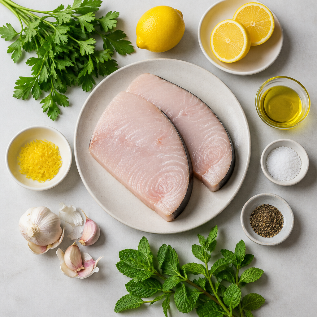 Overhead flat-lay of all ingredients for Grilled Swordfish With Meyer Lemon Gremolata laid out on a kitchen surface.