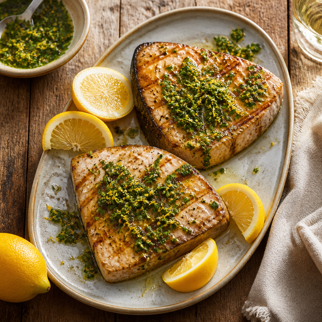 Grilled Swordfish With Meyer Lemon Gremolata — Mediterranean Dinner served and photographed from above