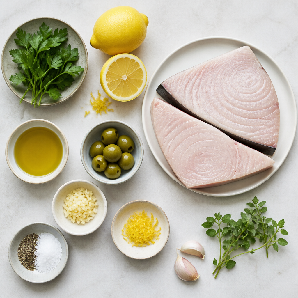 Overhead flat-lay of all ingredients for Grilled Swordfish Steaks With Lemon Olive Gremolata laid out on a kitchen surface.
