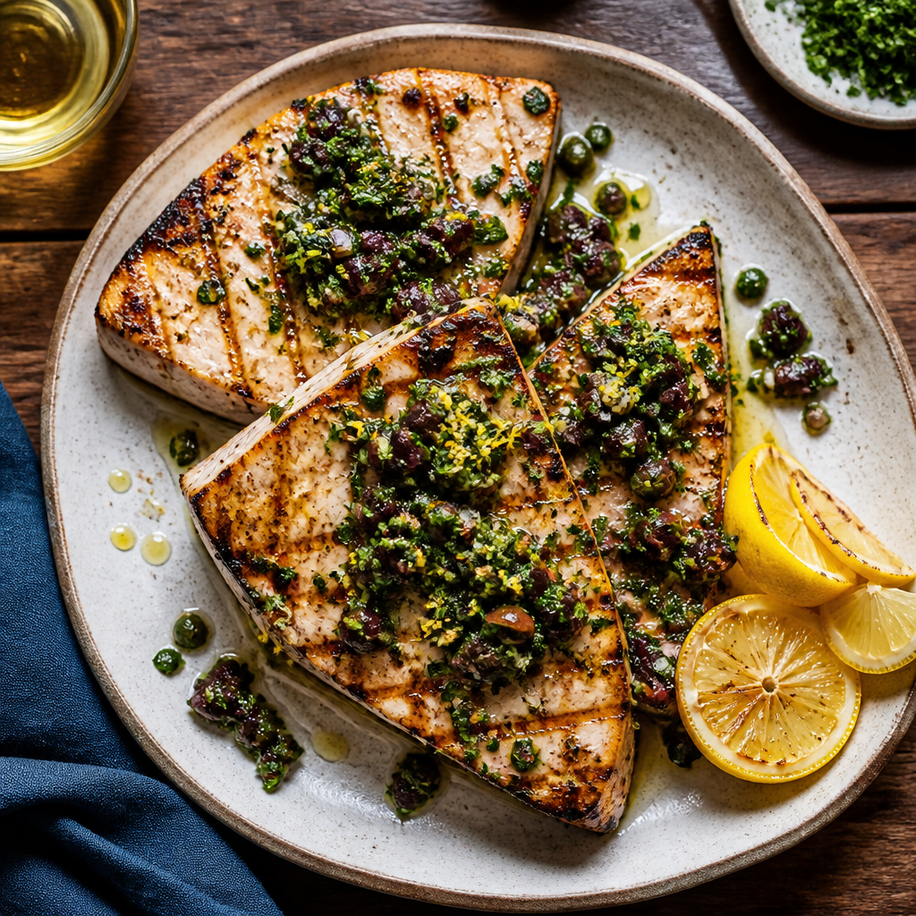 Grilled Swordfish Steaks With Lemon Olive Gremolata — Mediterranean Dinner served and photographed from above