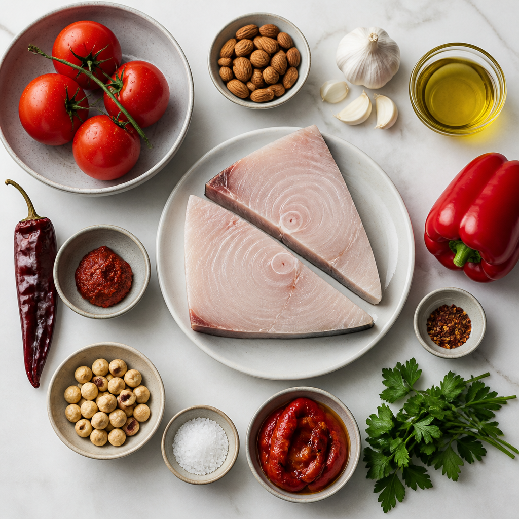 Overhead flat-lay of all ingredients for Grilled Swordfish with Charred Tomato Romesco laid out on a kitchen surface.