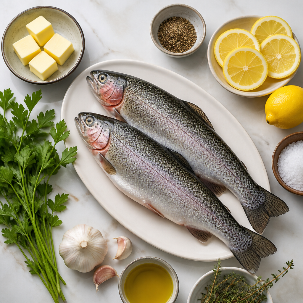 Overhead flat-lay of all ingredients for Grilled Trout With Lemon Brown Butter laid out on a kitchen surface.