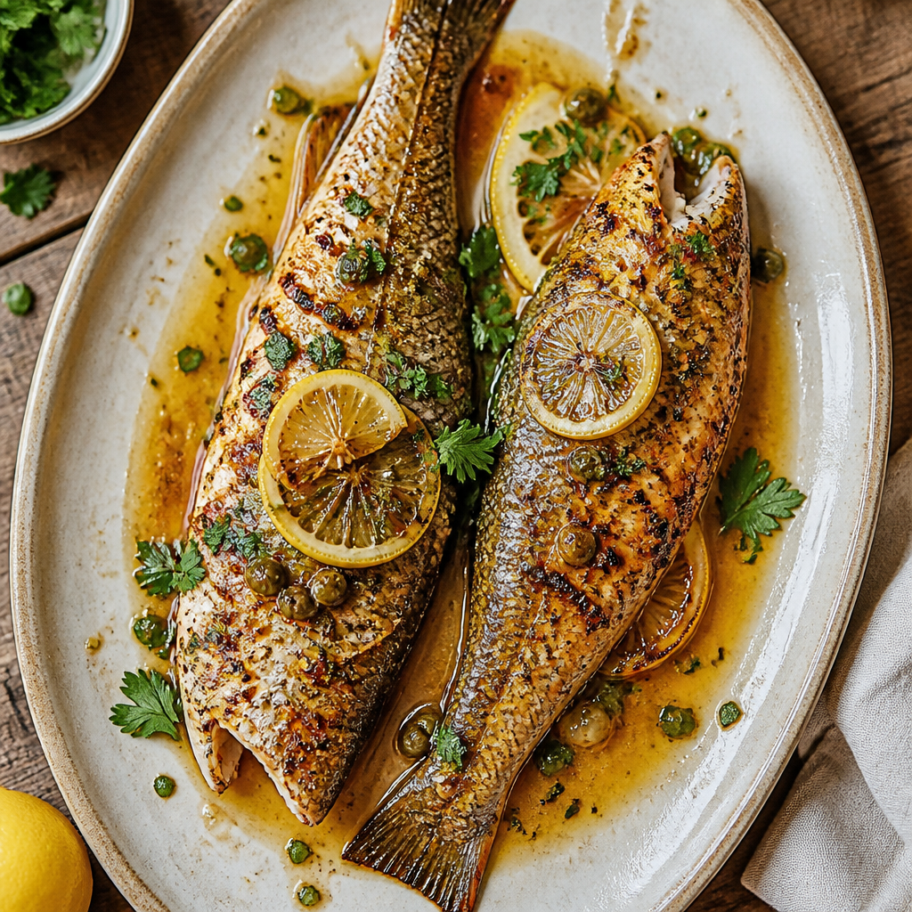 Grilled Trout With Lemon Brown Butter — American Dinner served and photographed from above