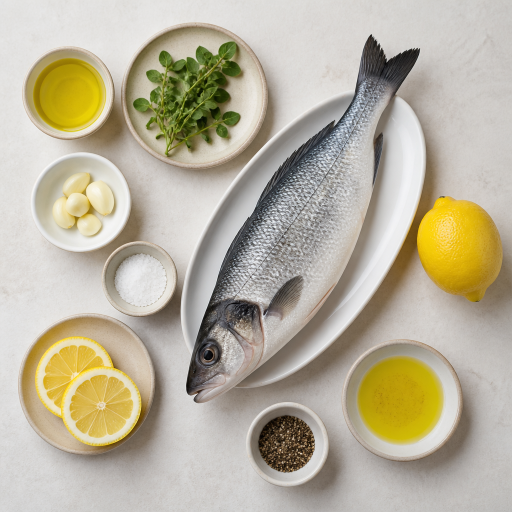 Overhead flat-lay of all ingredients for Grilled Whole Branzino With Oregano Lemon Oil laid out on a kitchen surface.