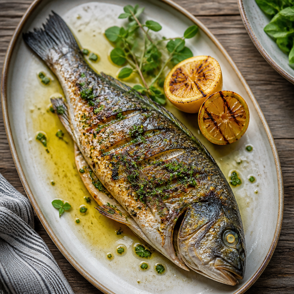 Grilled Whole Branzino With Oregano Lemon Oil — Mediterranean Dinner served and photographed from above