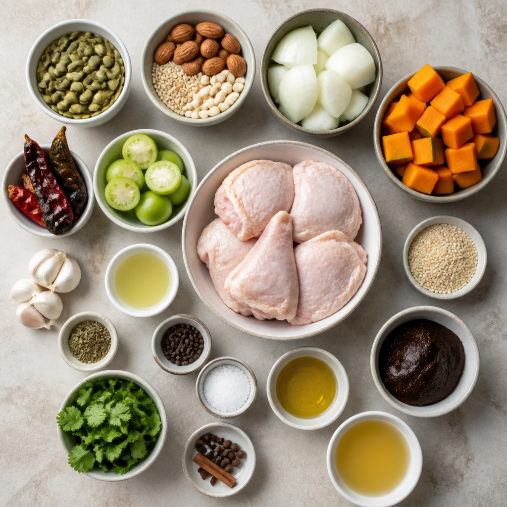 Overhead flat-lay of all ingredients for Guatemalan Chicken Pepian Recipe with Roasted Pumpkin Seeds laid out on a kitchen surface.