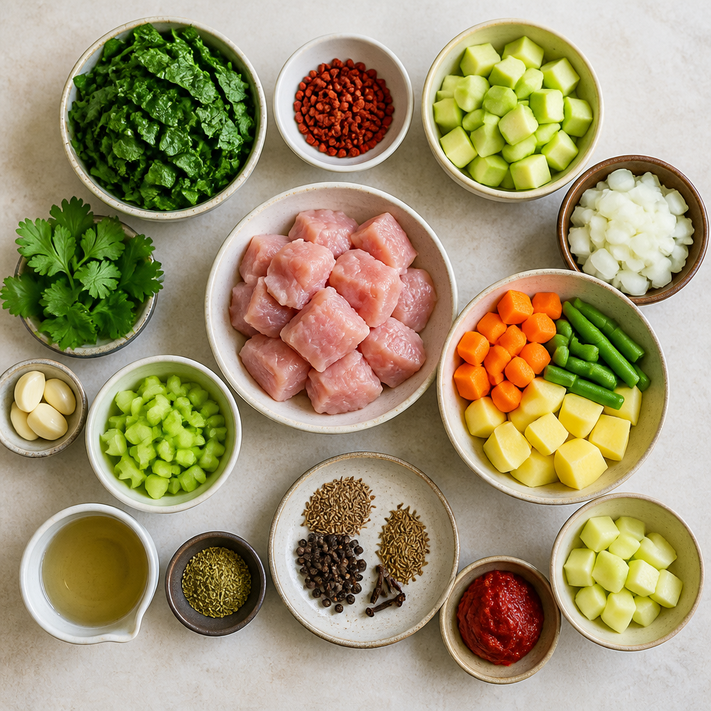 Overhead flat-lay of all ingredients for Guatemalan Turkey Soup Kak'ik with Achiote and Spices laid out on a kitchen surface.