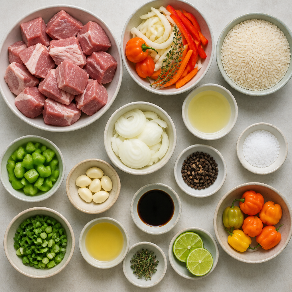 Overhead flat-lay of all ingredients for Haitian Griot Recipe with Spicy Pikliz and Rice laid out on a kitchen surface.