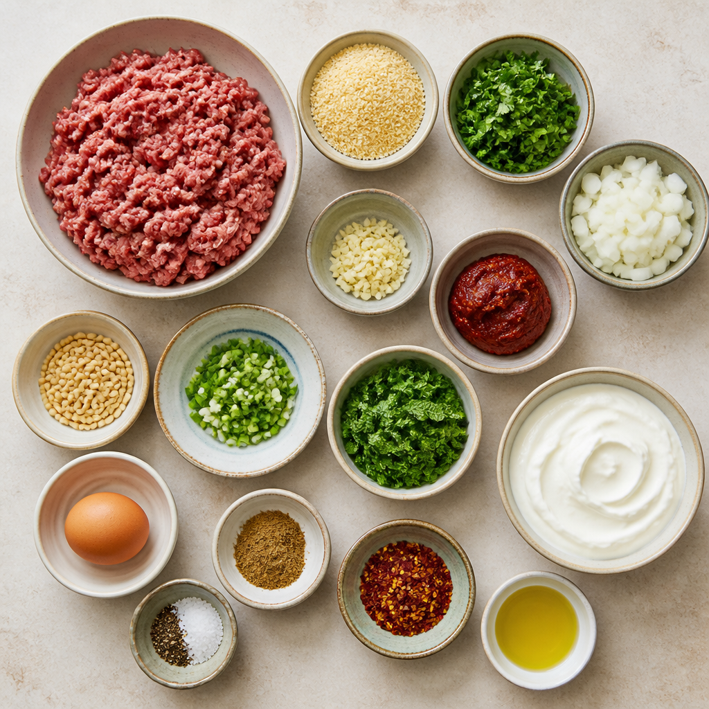 Overhead flat-lay of all ingredients for Harissa Meatballs Recipe with Cooling Mint Yogurt Sauce laid out on a kitchen surface.