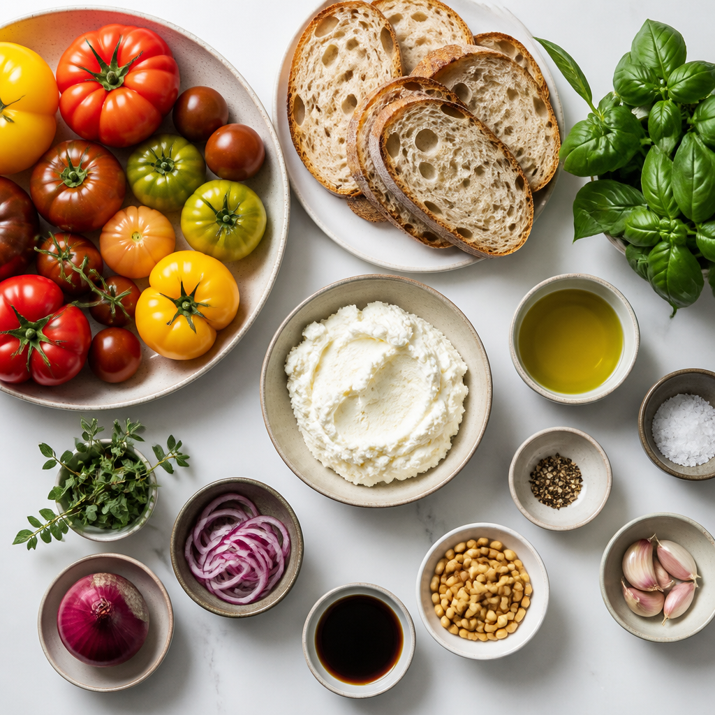 Overhead flat-lay of all ingredients for Heirloom Tomato Bruschetta With Whipped Ricotta laid out on a kitchen surface.