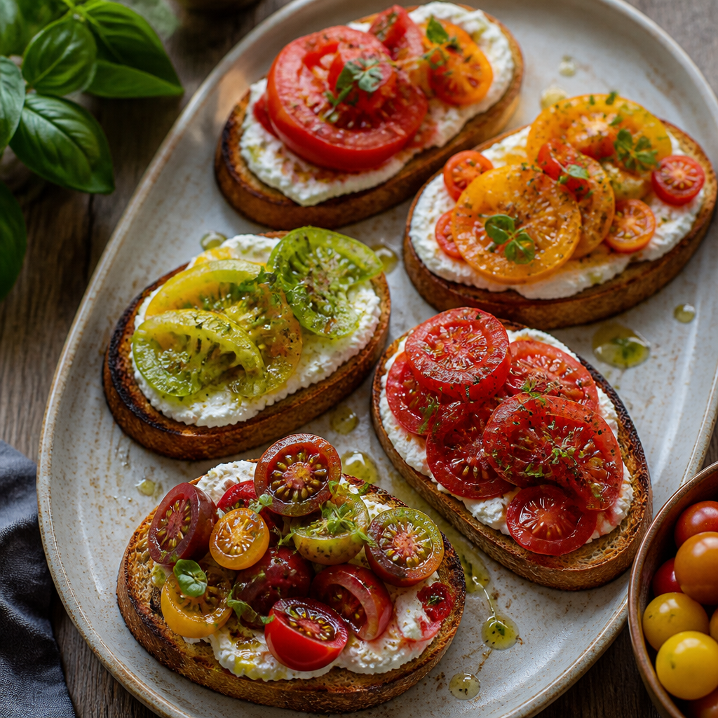 Heirloom Tomato Bruschetta With Whipped Ricotta — Italian-American Appetizer served and photographed from above