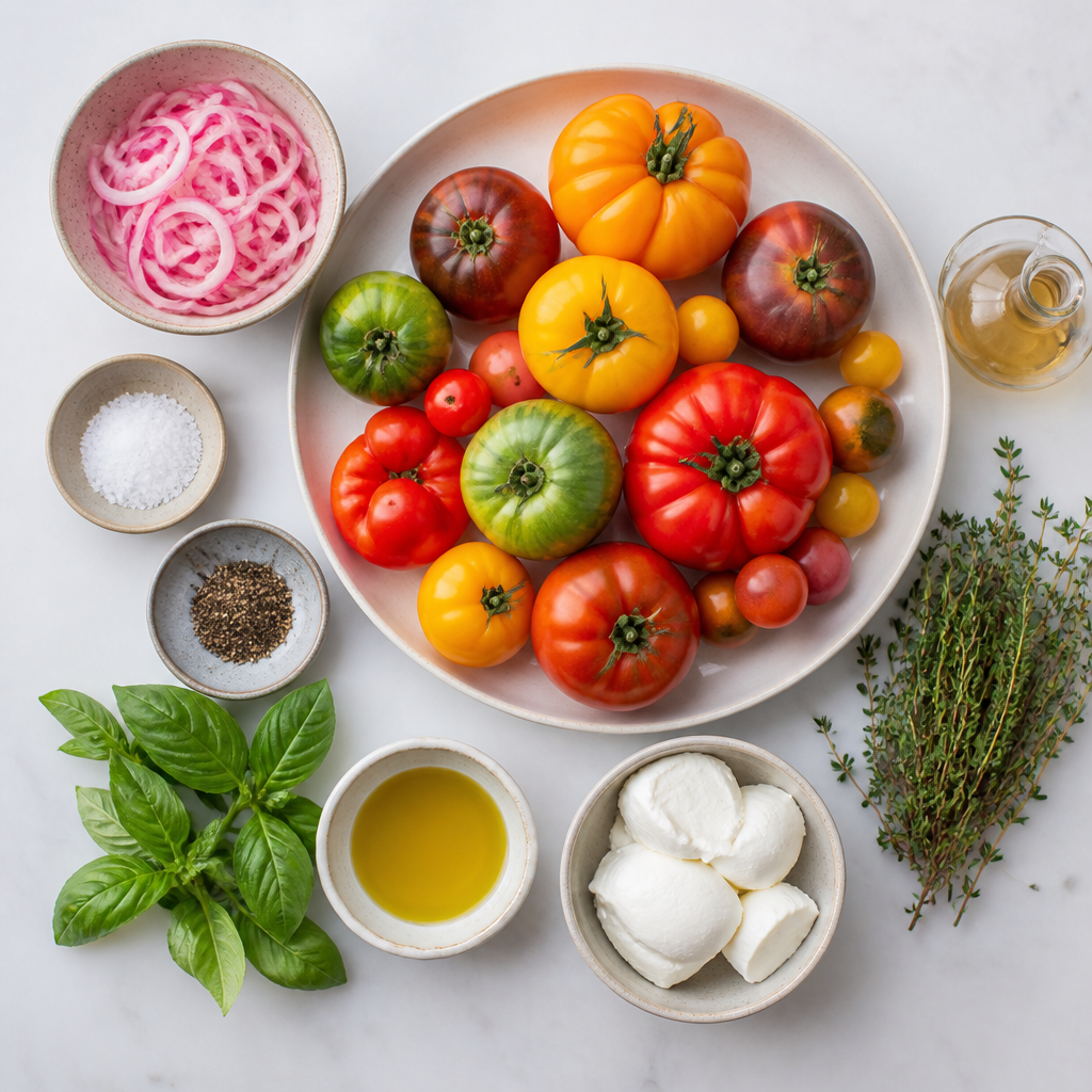 Overhead flat-lay of all ingredients for Heirloom Tomato Salad With Pickled Shallots laid out on a kitchen surface.