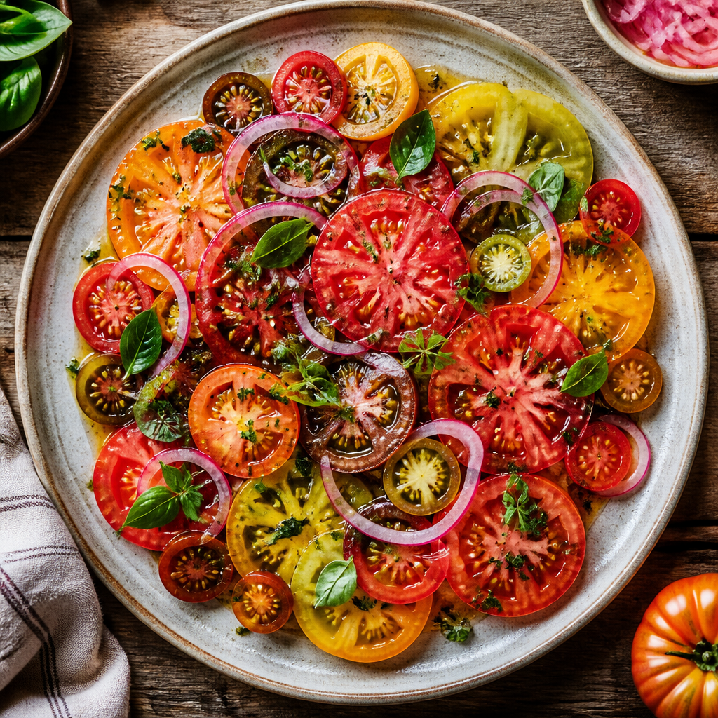 Heirloom Tomato Salad With Pickled Shallots — American Dinner served and photographed from above