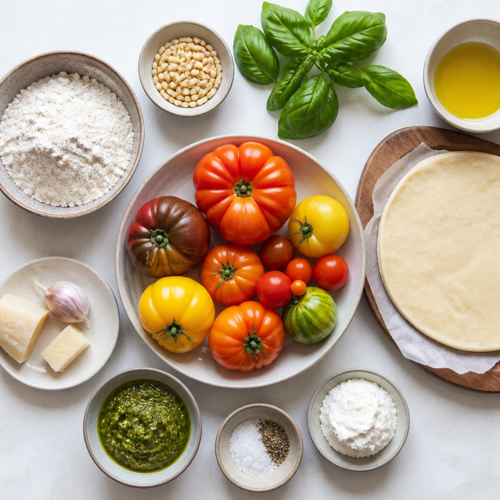Overhead flat-lay of all ingredients for Heirloom Tomato Tart With Basil Pesto laid out on a kitchen surface.