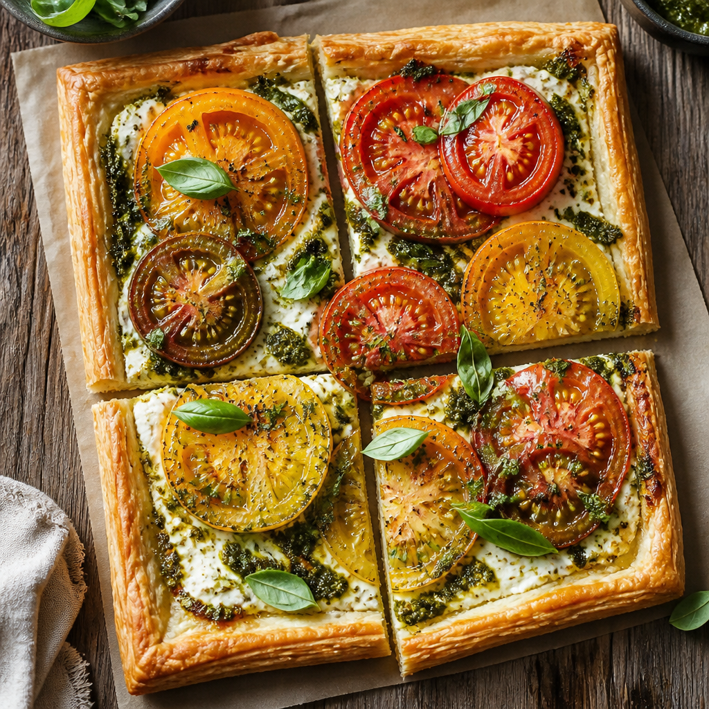 Heirloom Tomato Tart With Basil Pesto — French-inspired Appetizer served and photographed from above