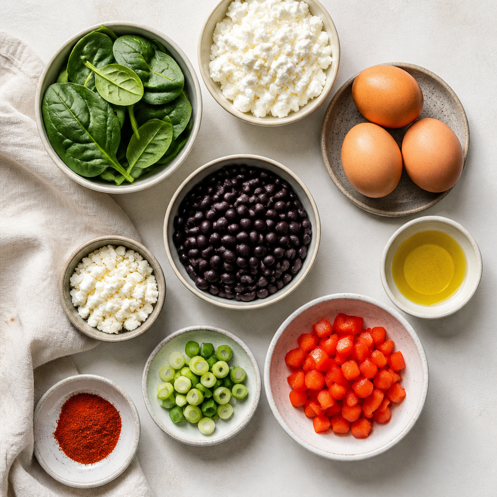Overhead flat-lay of all ingredients for High Protein Breakfast Bowl With Smoked Paprika laid out on a kitchen surface.