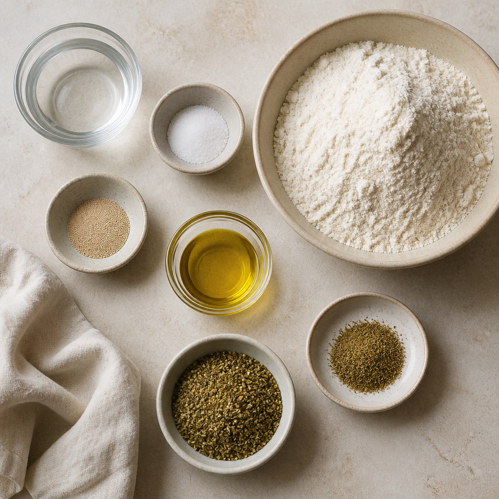 Overhead flat-lay of all ingredients for homemade armenian lavash with za'atar seasoning laid out on a kitchen surface.