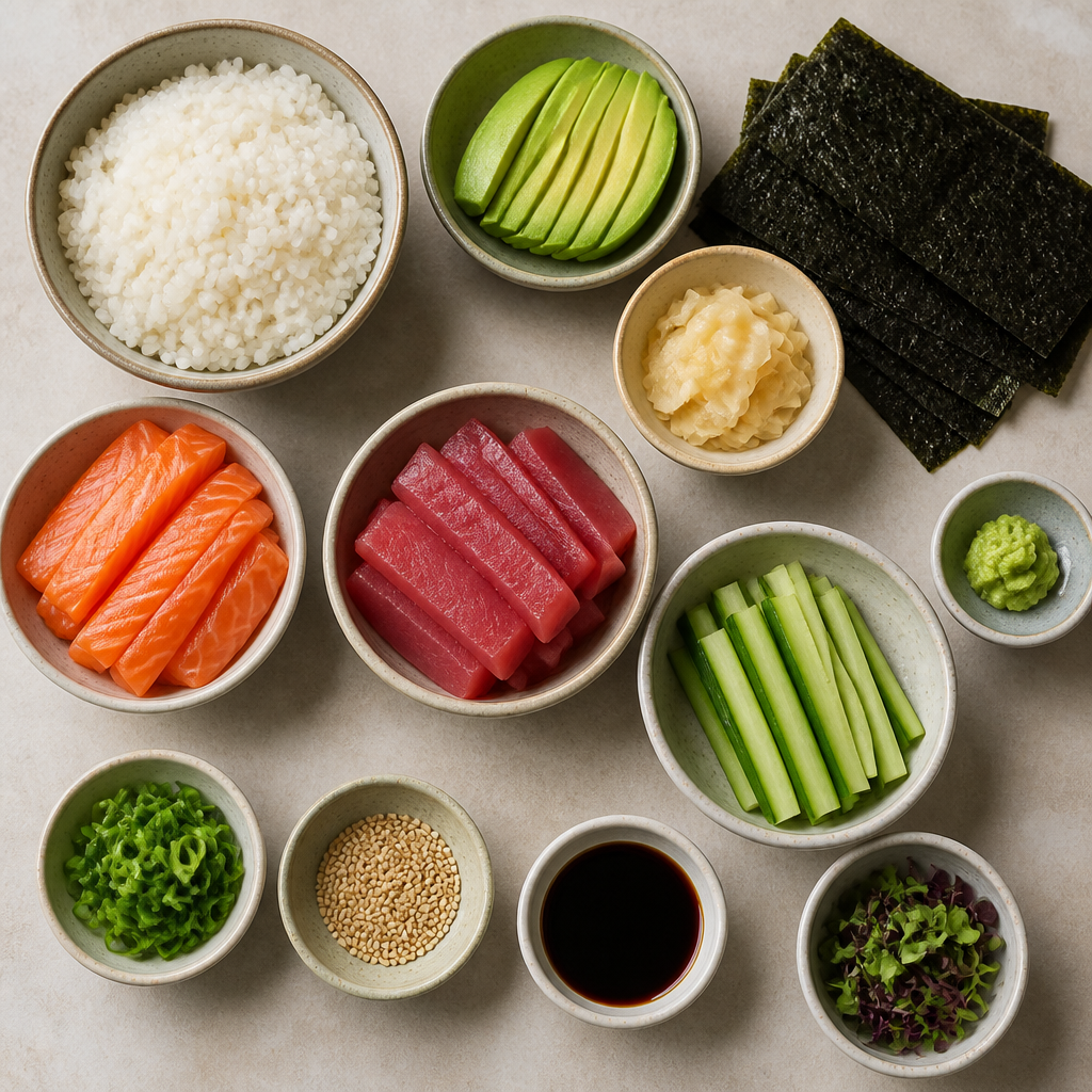 Overhead flat-lay of all ingredients for Homemade Sushi Rolls with Fresh Salmon and Tuna laid out on a kitchen surface.