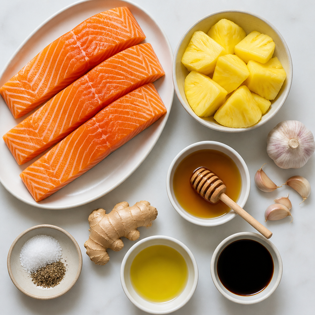 Overhead flat-lay of all ingredients for Honey Garlic Grilled Salmon with Pineapple laid out on a kitchen surface.