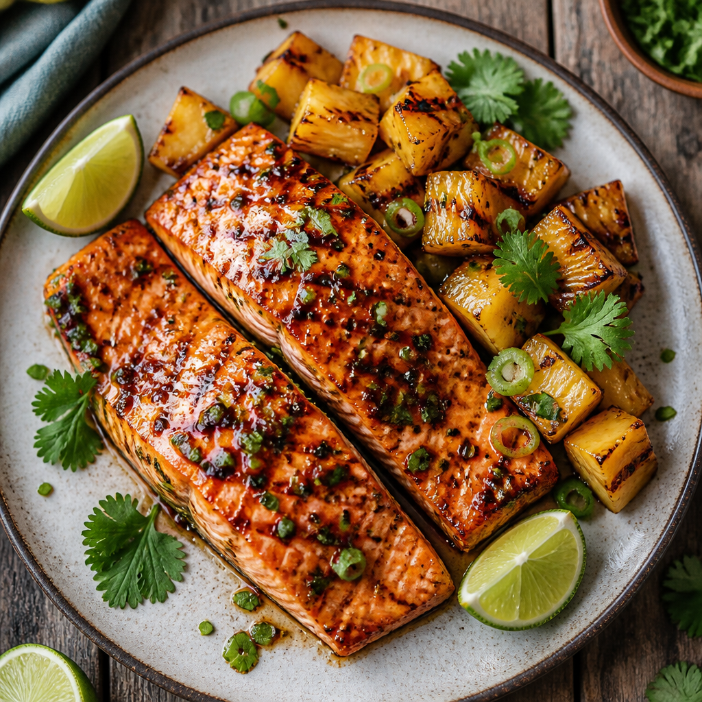 Honey Garlic Grilled Salmon with Pineapple — American-Asian Fusion Dinner served and photographed from above